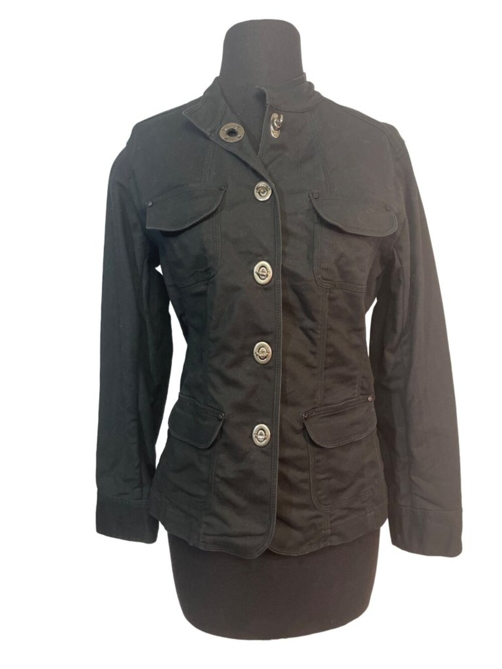 Chico’s Size 0 Small Metal Toggle Buckle Jacket Black Fitted Stretch
